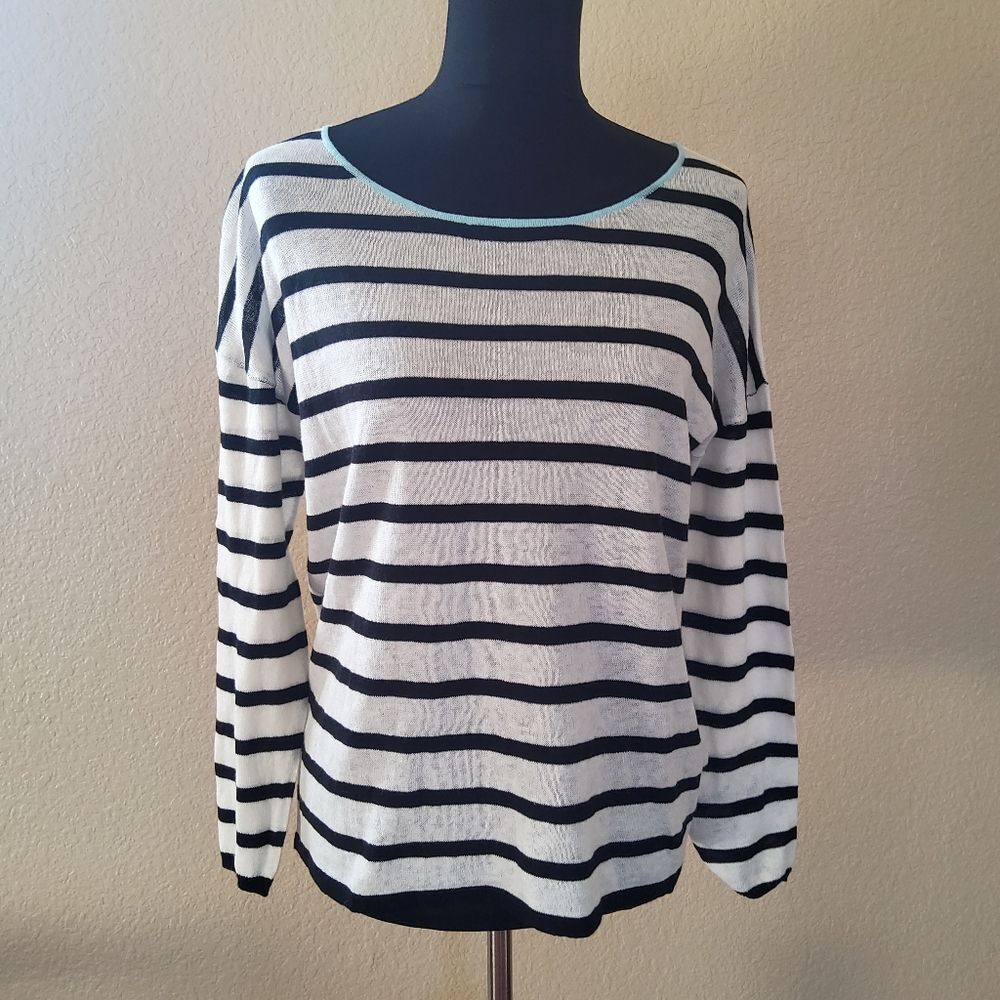 Revolve One Grey Day Striped Boxy Linen Blend Lightweight Sweater XS Black White